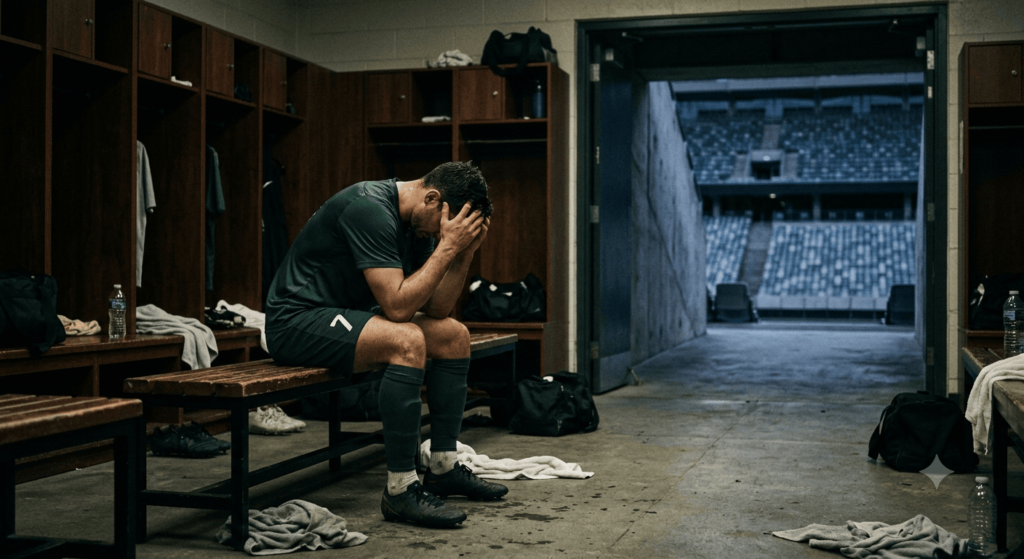Futbolista concentrado antes de un partido, reflejando la presión psicológica del Mundial 2026