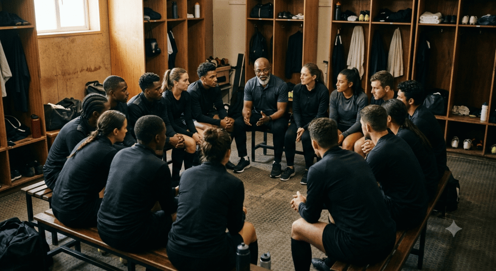 Entrenador comunicando con seguridad a su equipo durante un entrenamiento