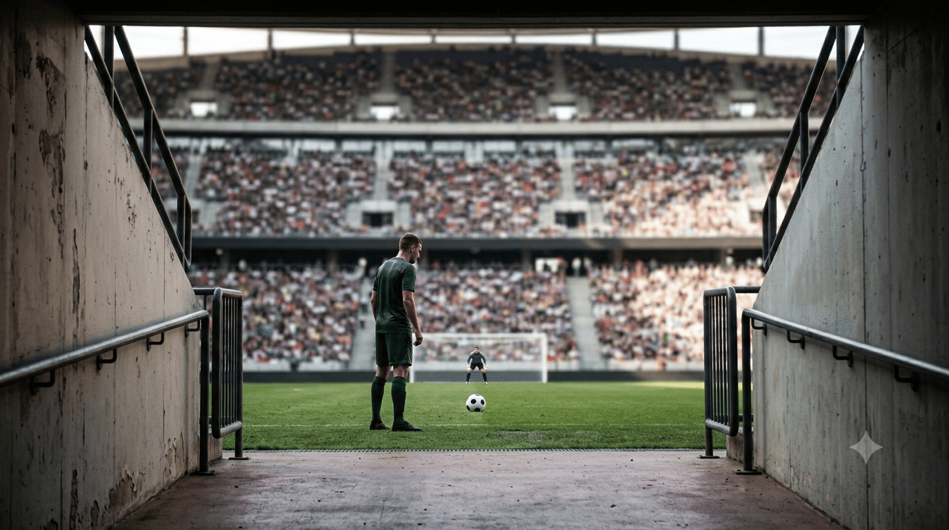 Jugador preparándose mentalmente para lanzar un penalti durante un partido de alta presión