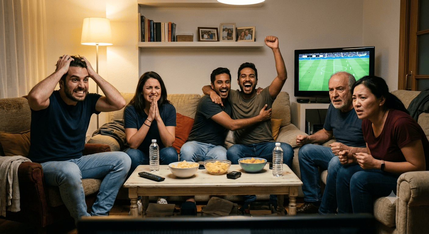Aficionados viviendo con intensidad emocional un partido del Mundial 2026 desde casa