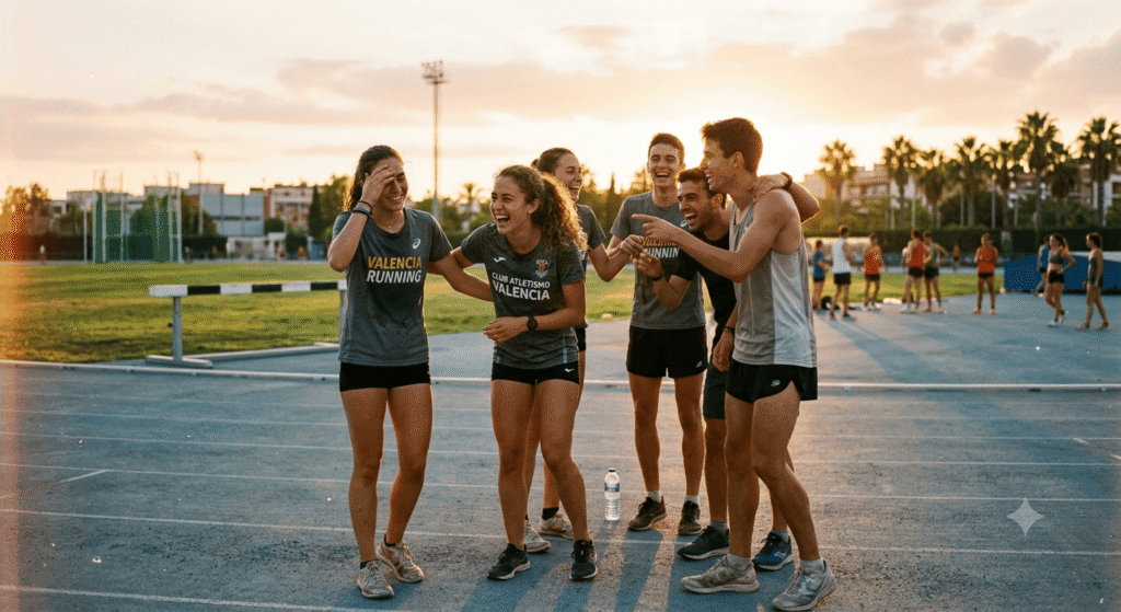 Grupo de deportistas disfrutando y riendo juntos durante un entrenamiento